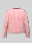 Back view of a light pink leather biker jacket with sleeve zips