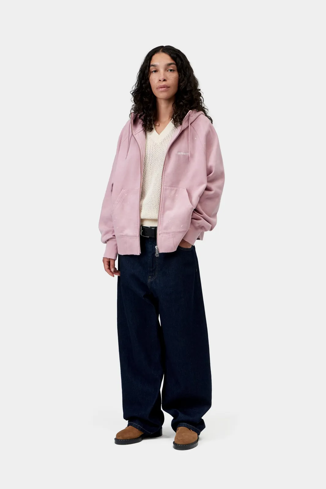 Model wears Women's Hooded Painter Jacket in purple|pink