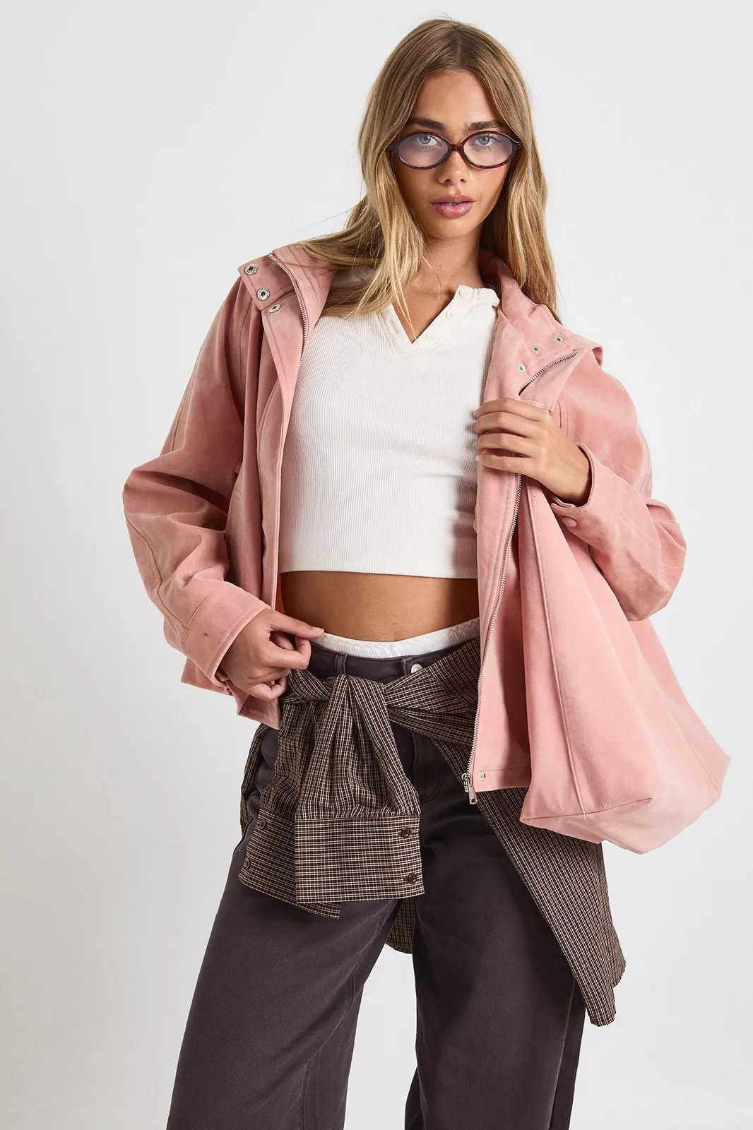 Faux Suede Bomber Jacket in Pink