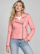 Woman wearing a pink leather biker jacket with white tee and light jeans, close-up