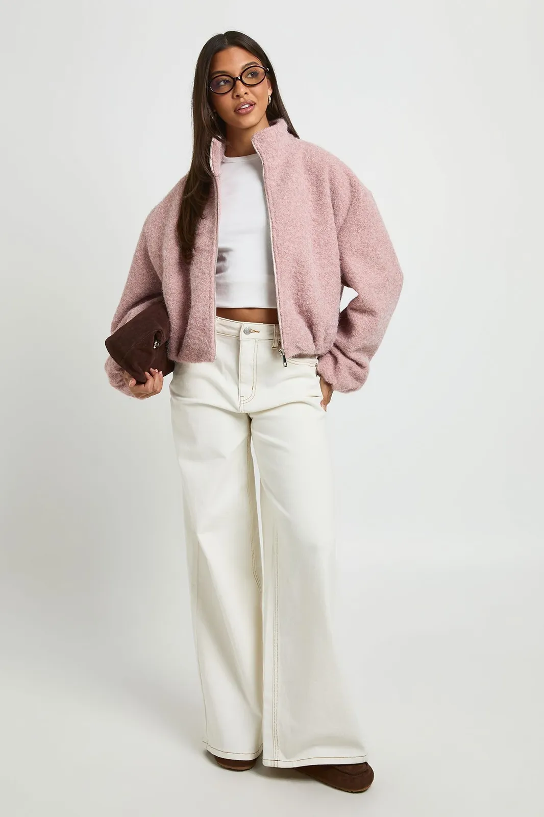 Funnel Neck Wool Look Bomber Jacket in Dusky Pink