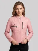 Close-up of a woman in a light pink leather jacket with stand collar and zip pockets