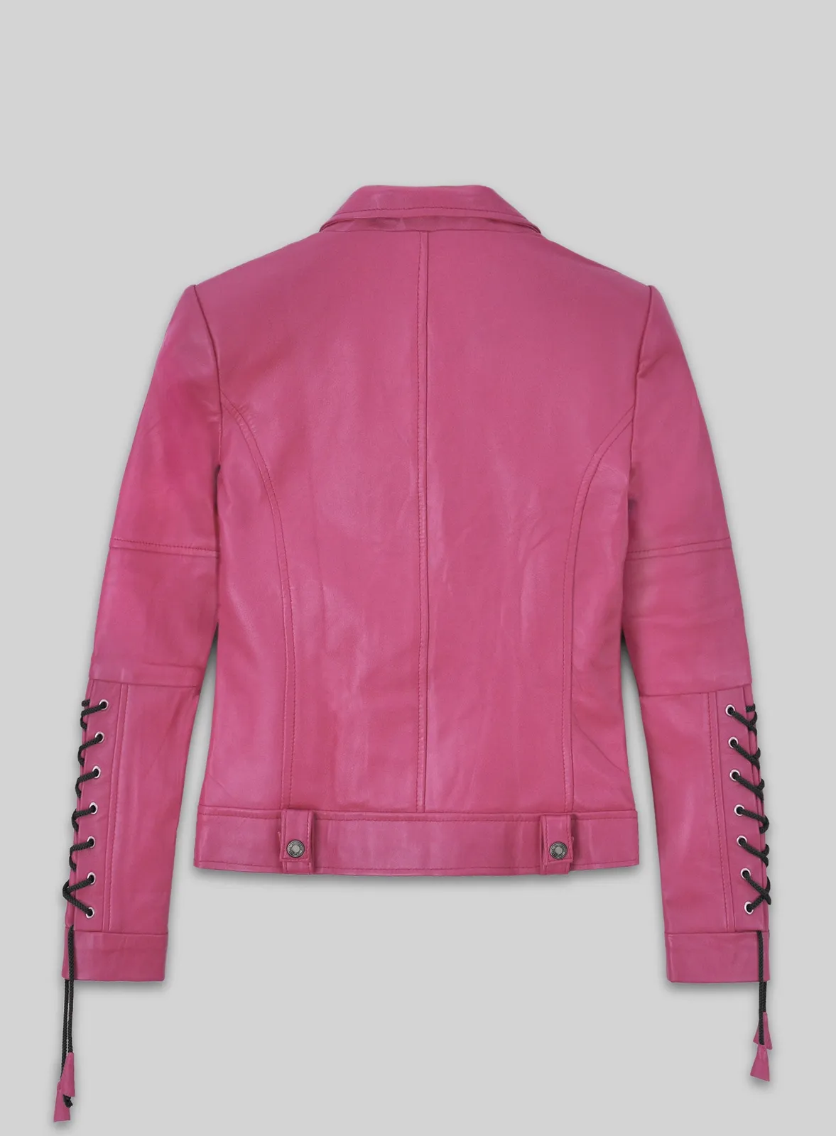 Back view of a pink leather biker jacket with black lace-up sleeve detail