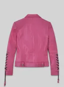 Back view of a pink leather biker jacket with black lace-up sleeve detail
