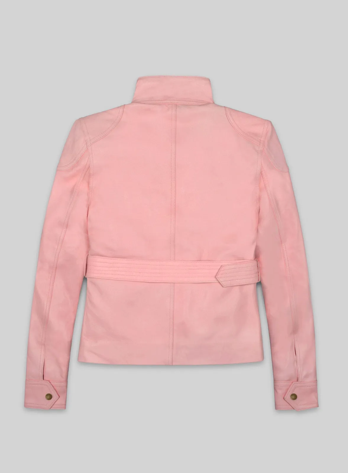Back view of a light pink leather jacket with stand collar, belt and snap cuffs