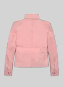 Back view of a light pink leather jacket with stand collar, belt and snap cuffs