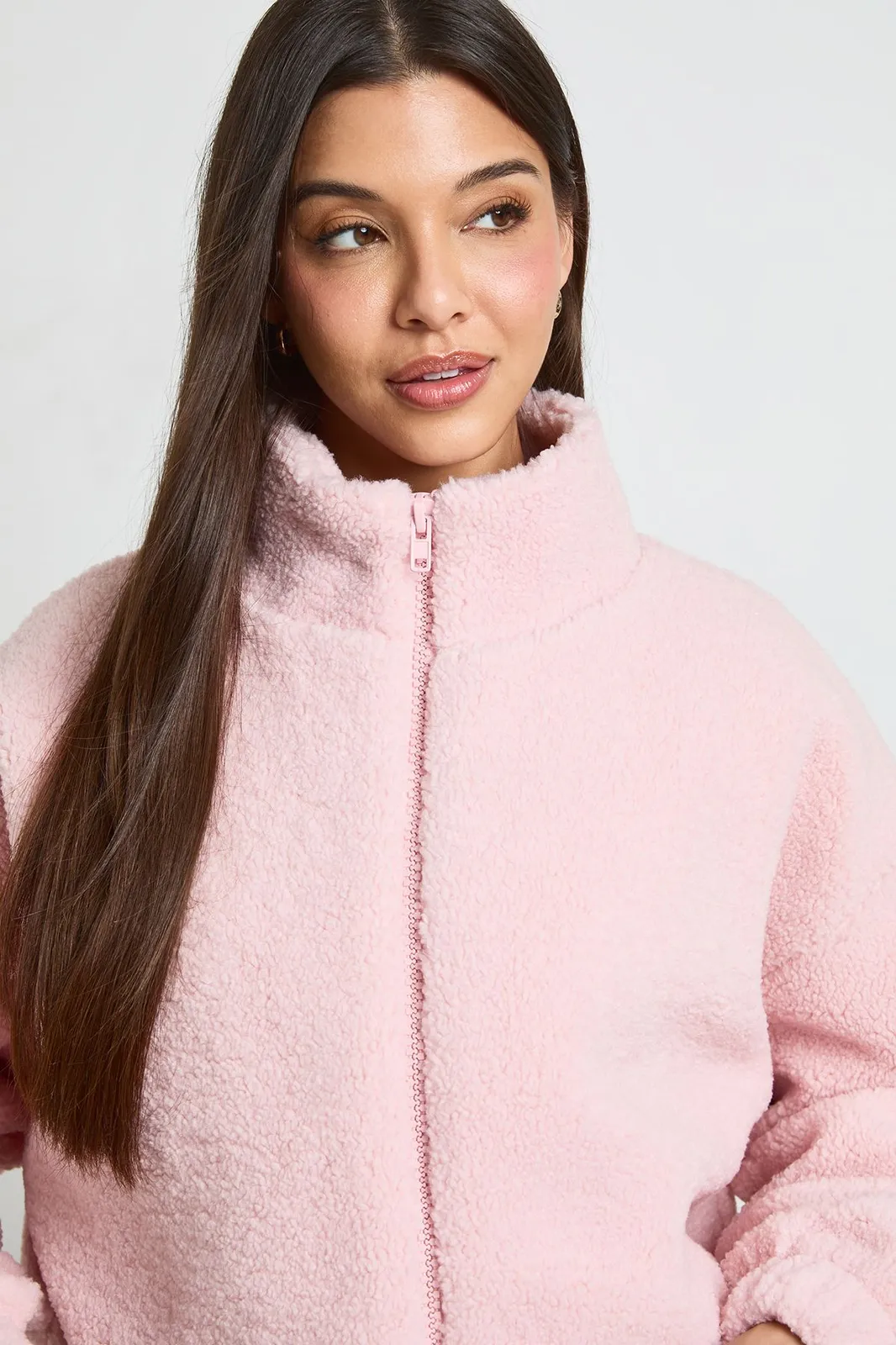 High Neck Teddy Jacket in Pink