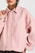 Houndstooth Print Wool Look Bomber Jacket in Pink