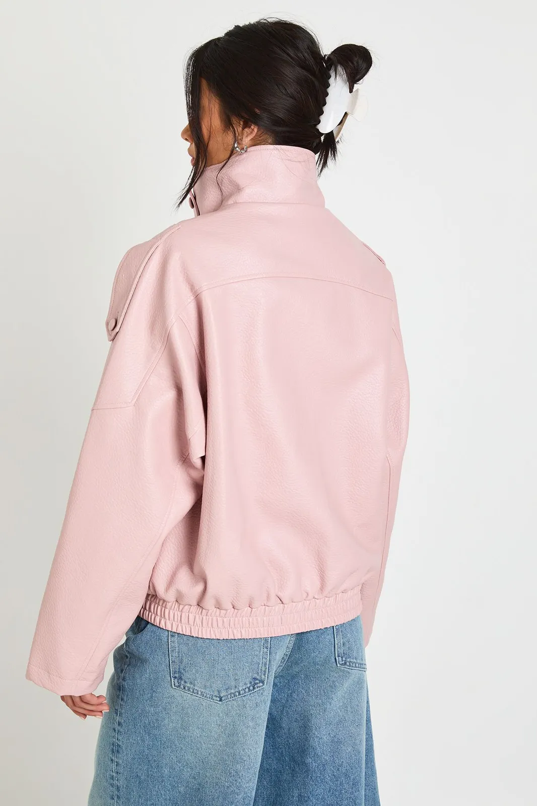Faux Leather Funnel Neck Jacket in Pink
