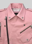 Close-up of light pink leather biker jacket collar, snap studs and zip pockets