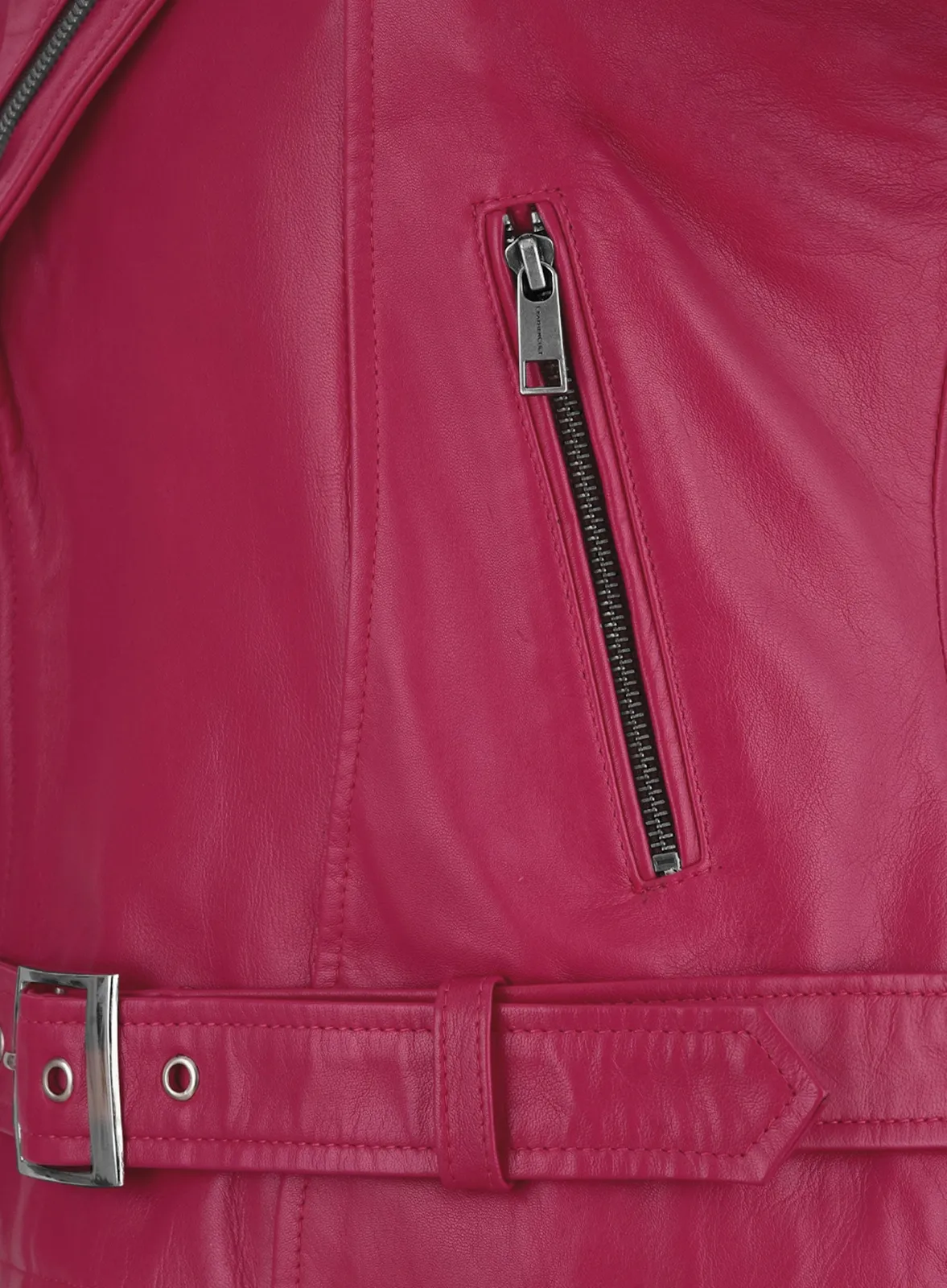 Close-up of pink leather jacket zip pocket and belt buckle