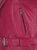 Close-up of pink leather jacket zip pocket and belt buckle