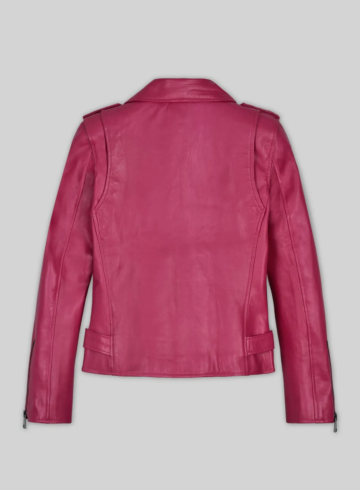 Back view of a pink leather biker jacket with belt tabs, epaulettes and zipped cuffs