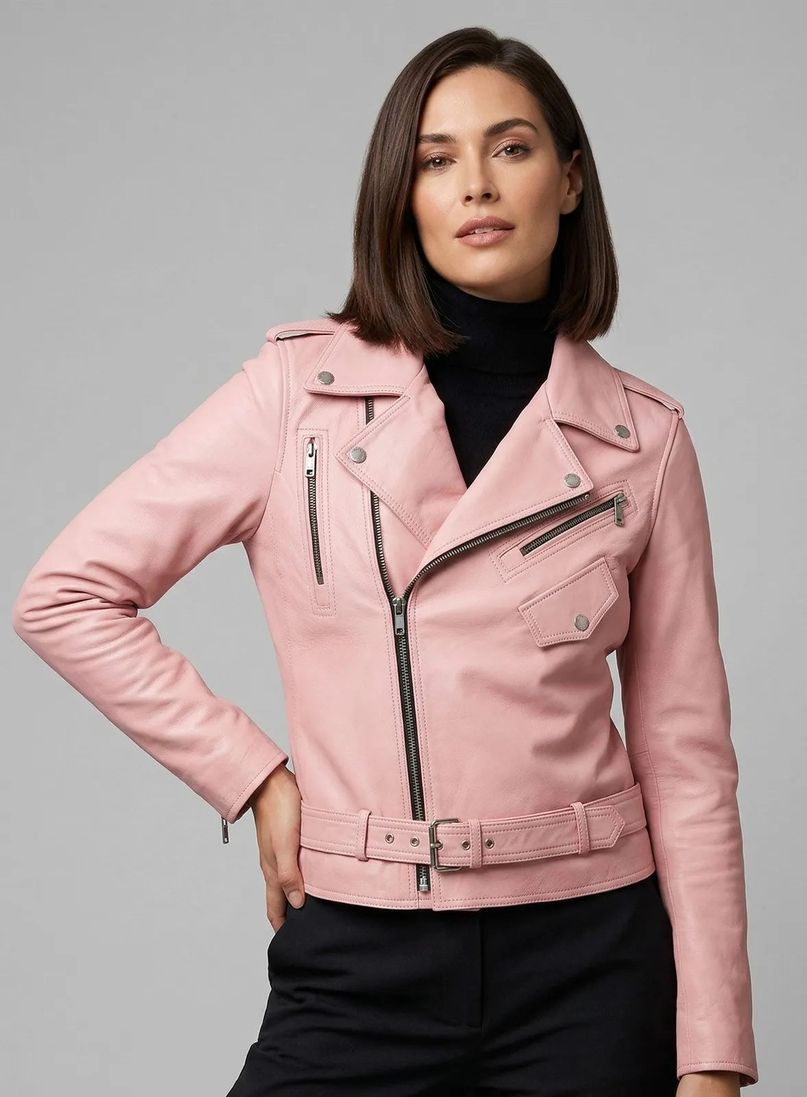 Woman wearing a light pink leather biker jacket with belted waist