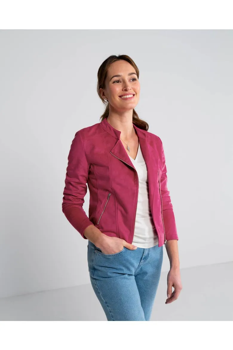 Rachel Cropped Biker Jacket, Alternate, color, Pink Gerbera