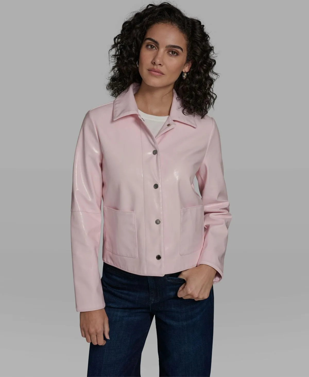 Karl Lagerfeld Paris short faux patent leather jacket in Blush