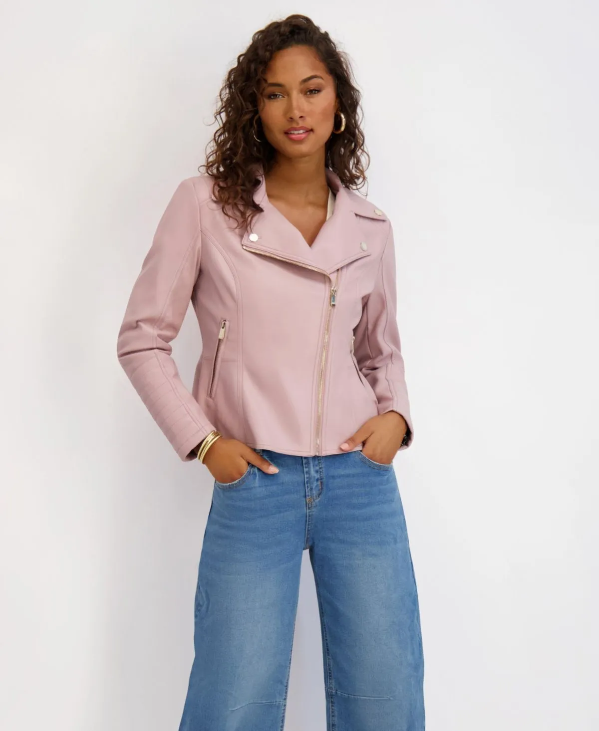 Kensie faux leather peplum moto jacket in Rose