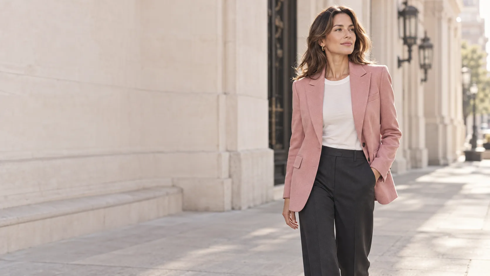 Woman wearing a tailored dusty rose jacket on a bright city street