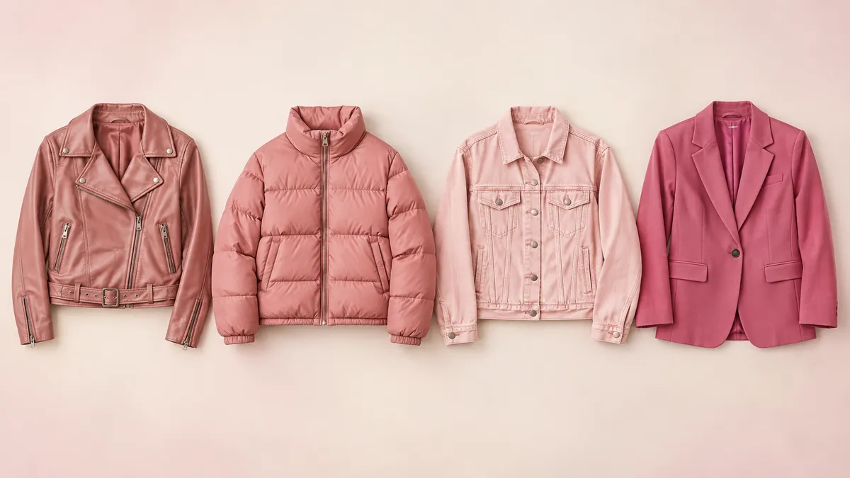 Four pink jacket types: leather, puffer, denim and blazer
