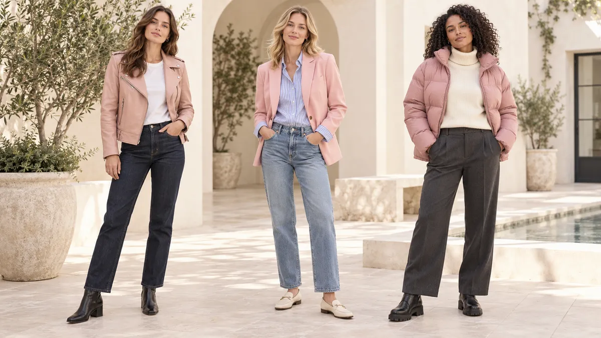 Three full-length pink jacket looks: leather and dark denim, a blazer with jeans, and a puffer with charcoal trousers.