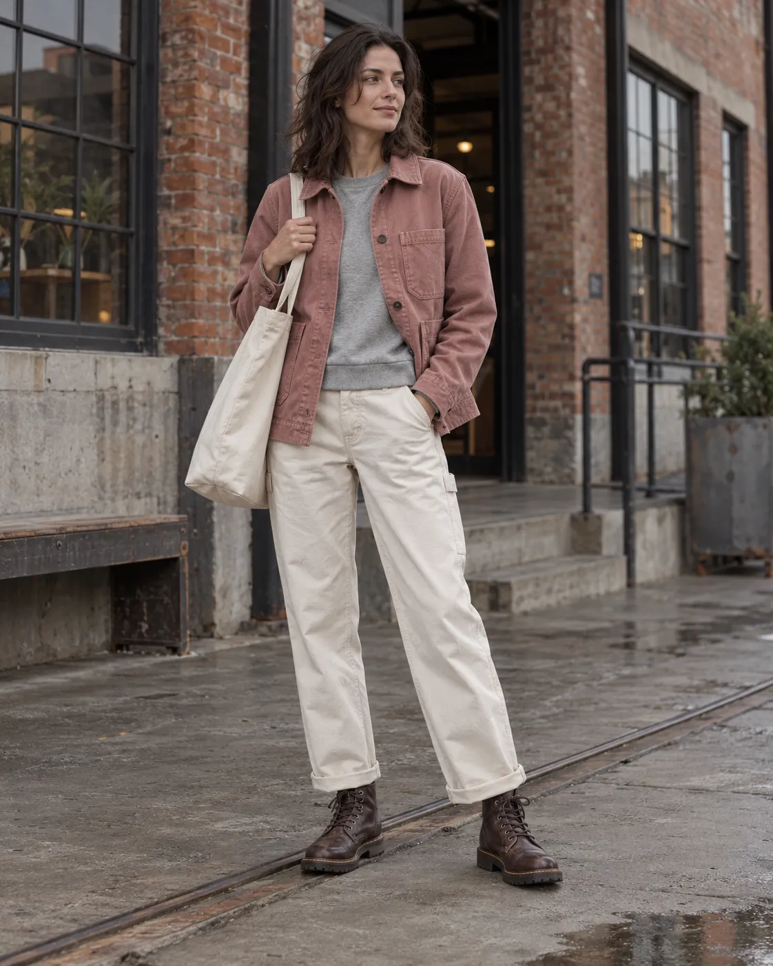 dusty-rose canvas workwear jacket, heather-gray sweatshirt, ecru carpenter pants, dark brown lace-up boots, cream canvas tote