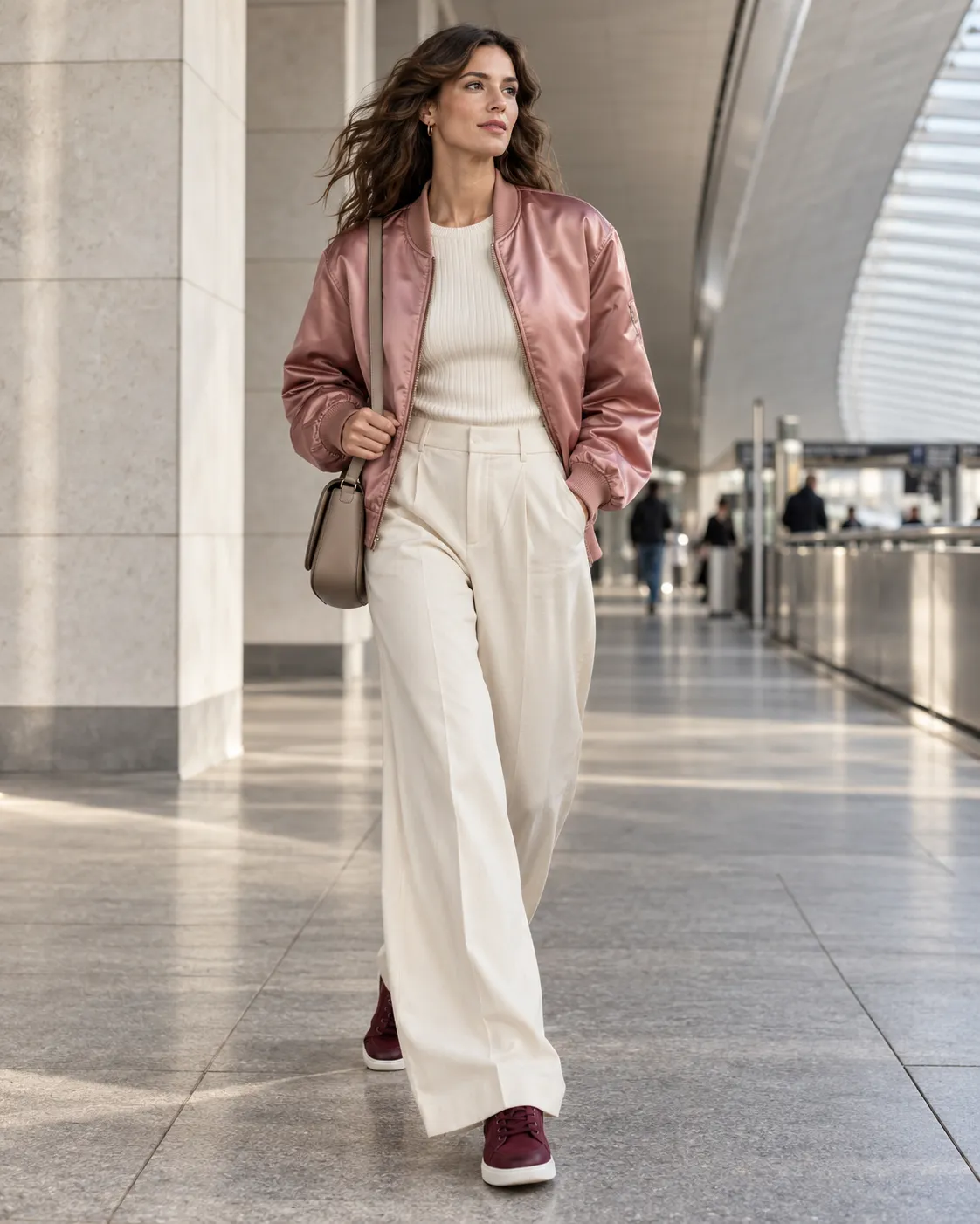 antique-rose leather or satin bomber, heather-gray sweater, ecru wide-leg trousers, slim white sneakers, graphite crossbody bag