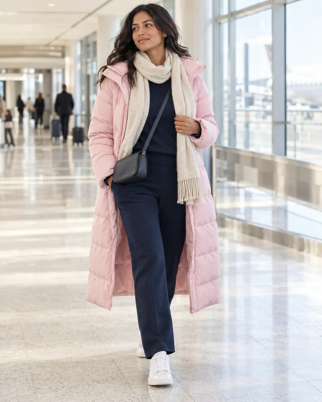 long pale-pink puffer, navy matching knit set, white leather sneakers or weather-ready boots, navy crossbody bag, oatmeal scarf