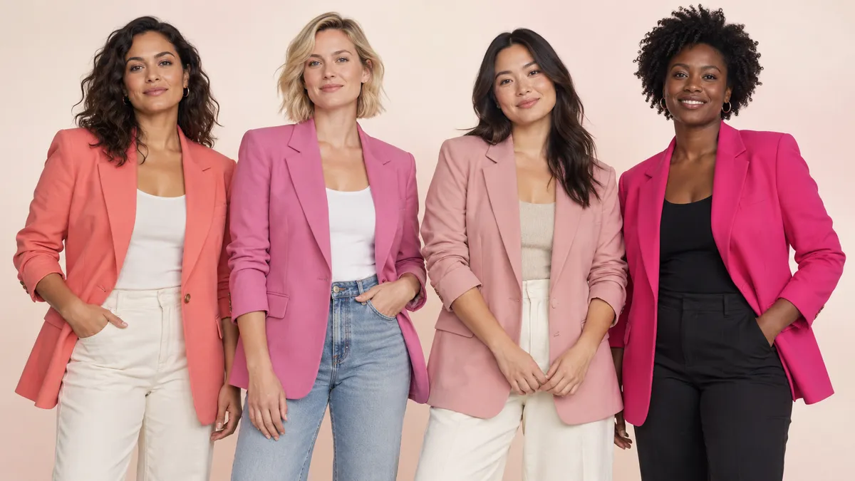 Four women with different skin tones wearing four pink jacket shades