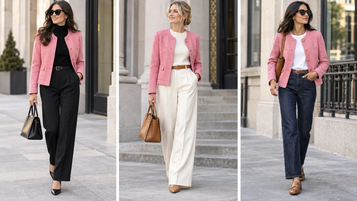 Three pink jacket outfits with black, cream and dark denim