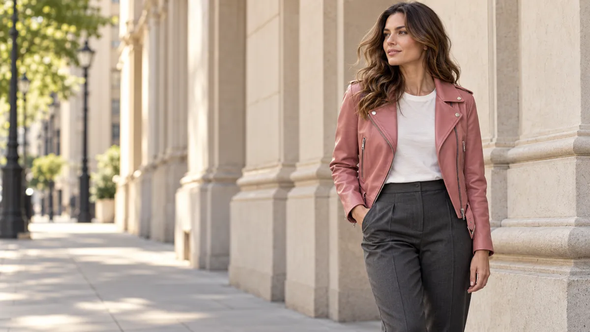 Woman styling a blush pink leather moto jacket with dark straight-leg jeans