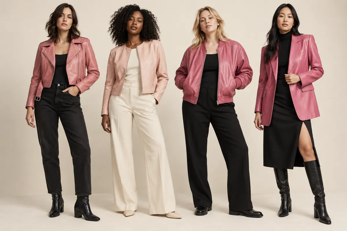 Five pink jacket silhouettes from fitted moto to oversized bomber