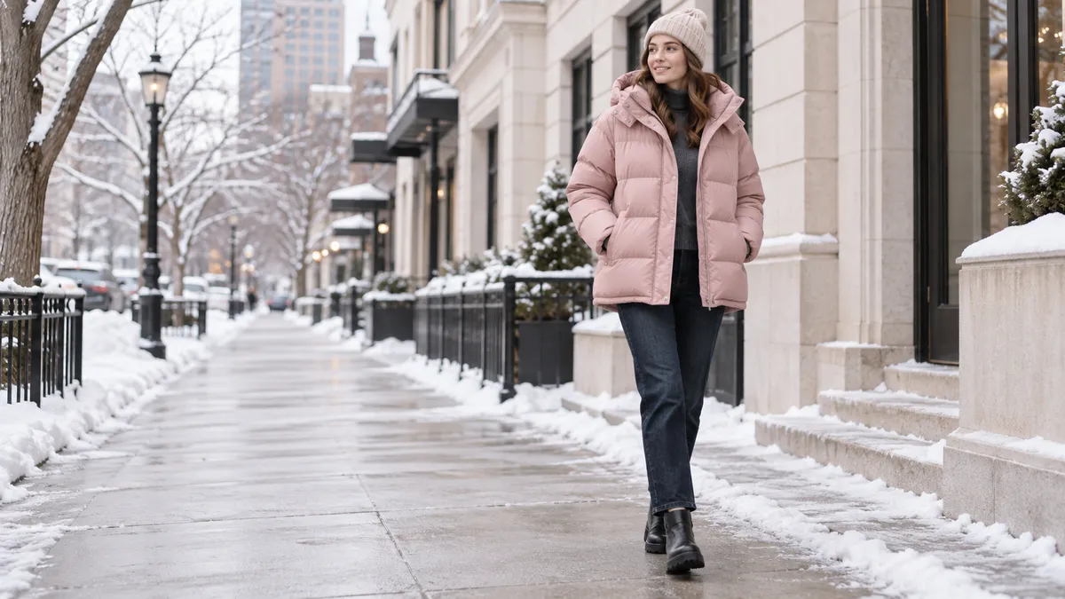 Woman wearing a mineral pink puffer jacket on a snowy city street
