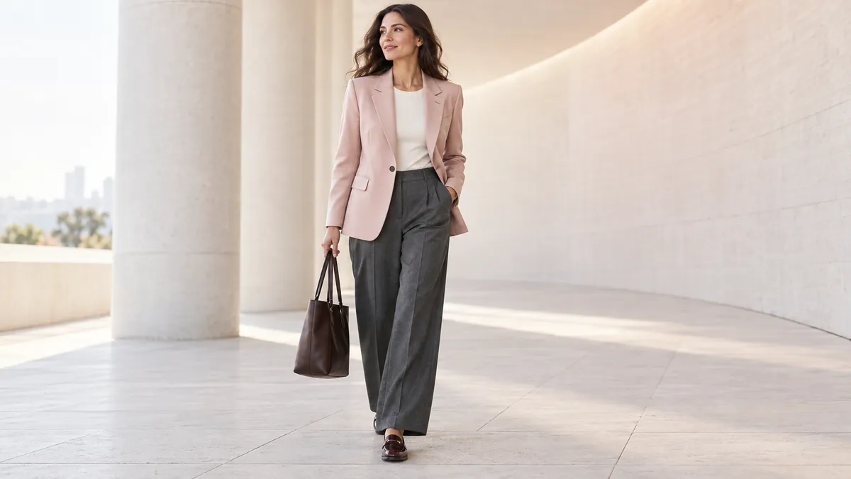 Structured pale rose blazer with charcoal trousers