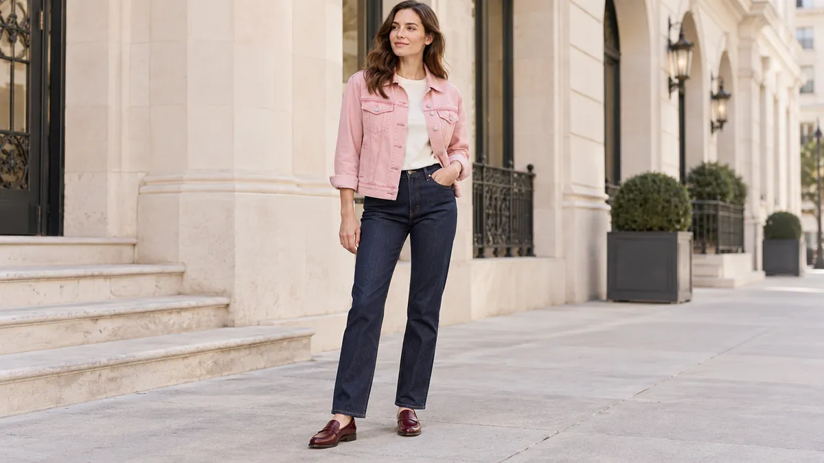 Light pink denim trucker jacket with dark indigo jeans