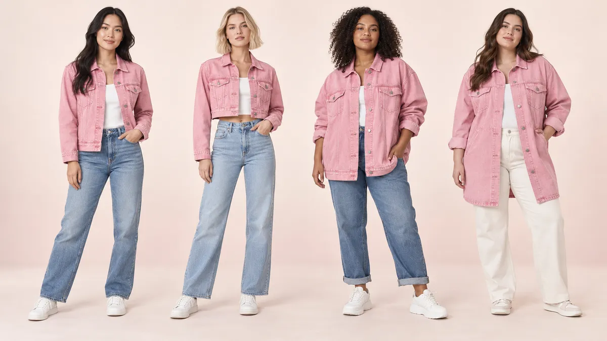 Four pink denim jacket silhouettes compared
