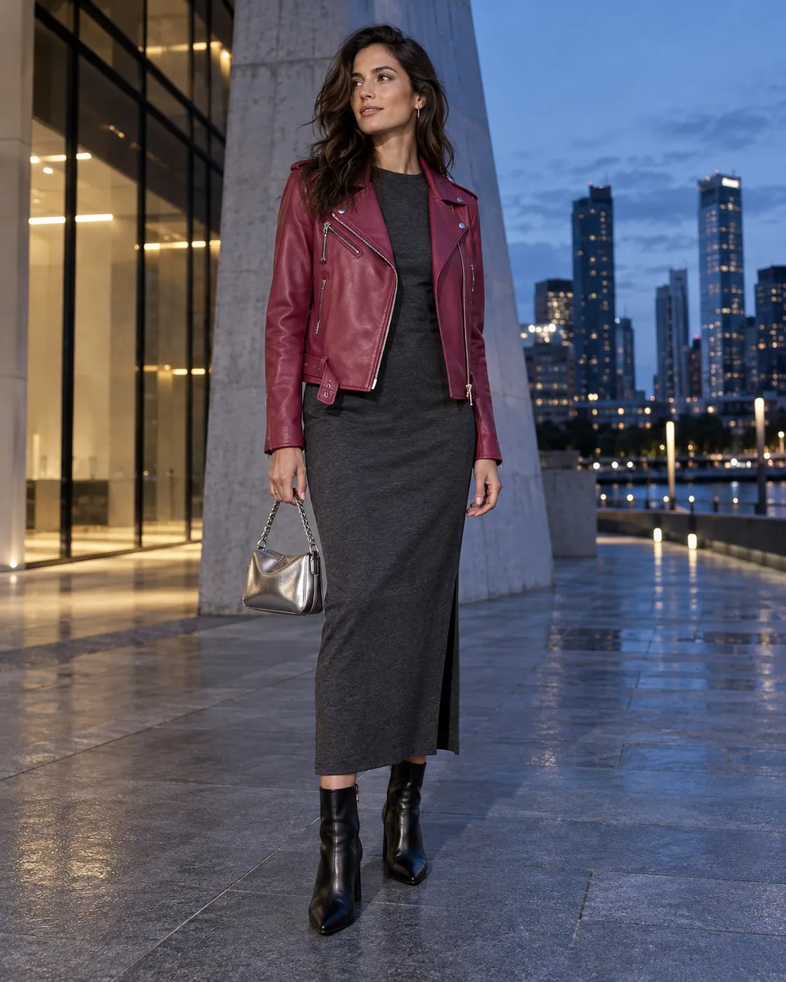 Raspberry pink moto with charcoal and silver outfit