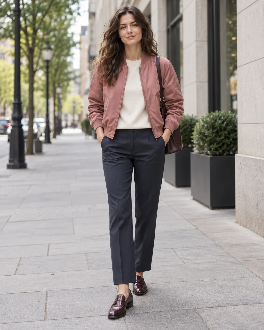 Dusty rose bomber with cream, navy and burgundy