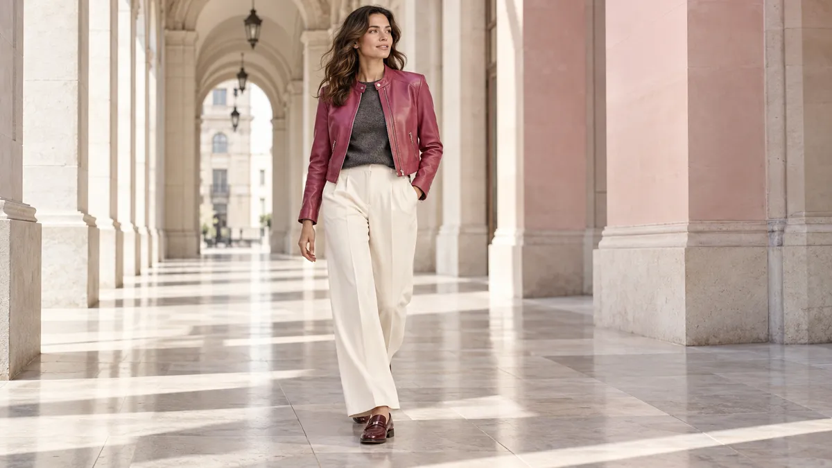 Raspberry pink leather racer jacket with ecru trousers