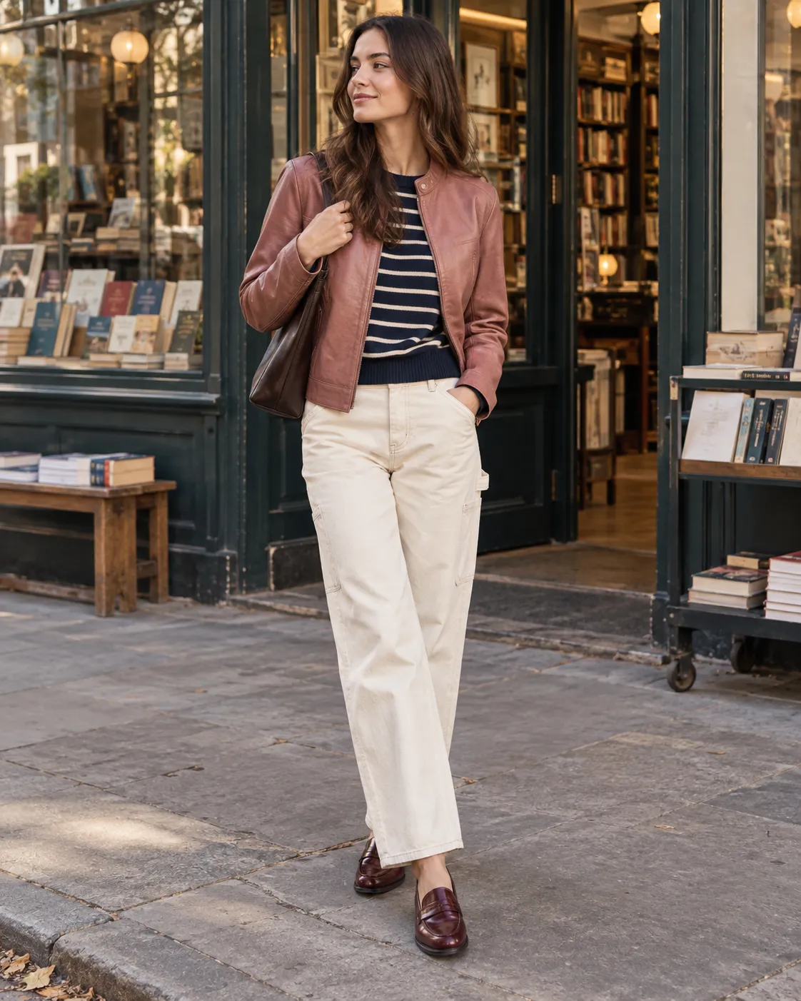 dusty rose racer, navy-and-cream striped knit, ecru carpenter jeans, burgundy loafers, navy shoulder bag