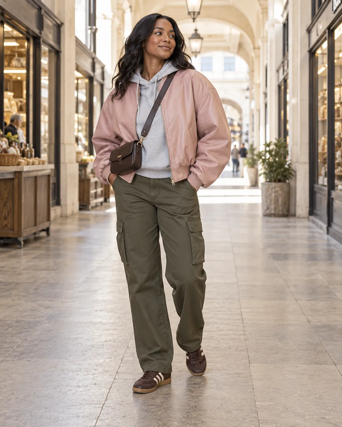 oversized blush bomber, heather-gray hoodie, deep-olive cargo pants, espresso sneakers, chocolate crossbody
