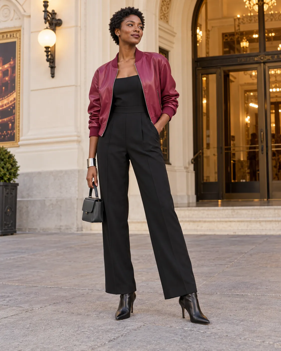 raspberry bomber, black tailored jumpsuit, black pointed ankle boots, silver cuff, charcoal mini bag