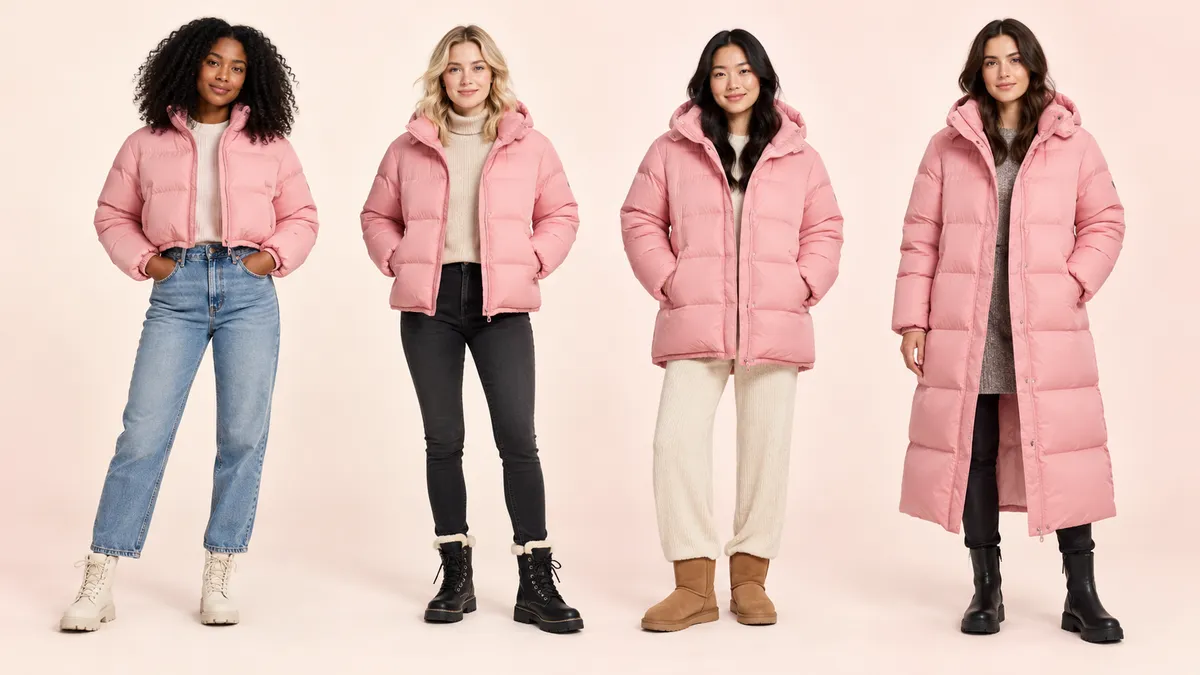 Pink puffer lengths shown with matching winter footwear