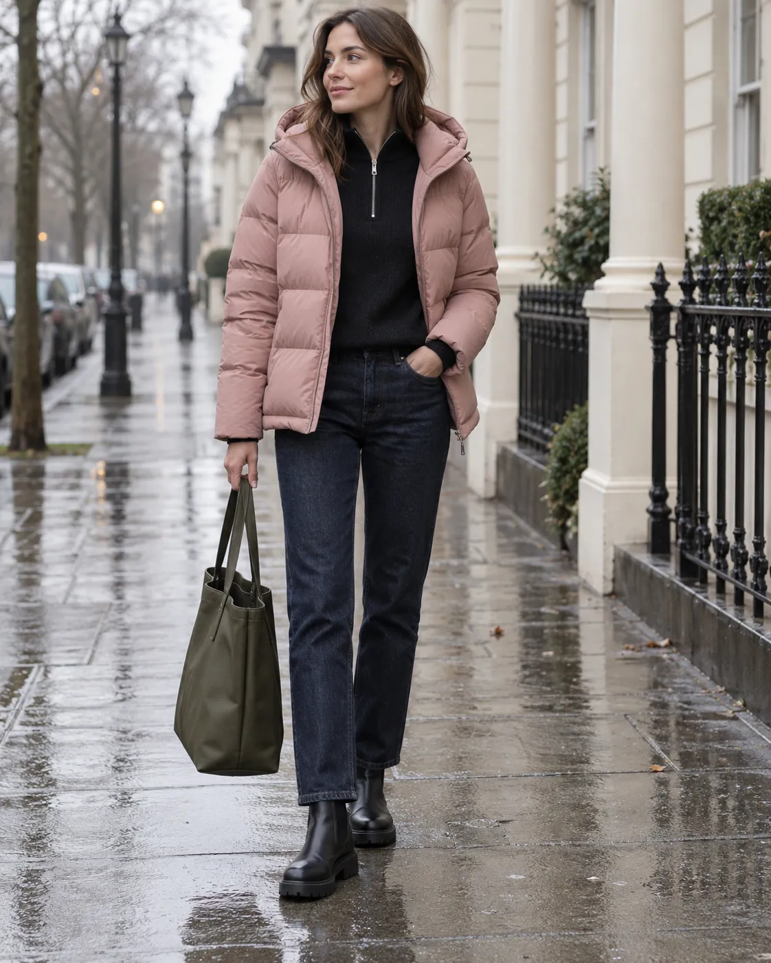 mineral-pink synthetic hooded puffer, black merino half-zip, dark-indigo straight jeans, black waterproof Chelsea boots, deep-olive coated tote