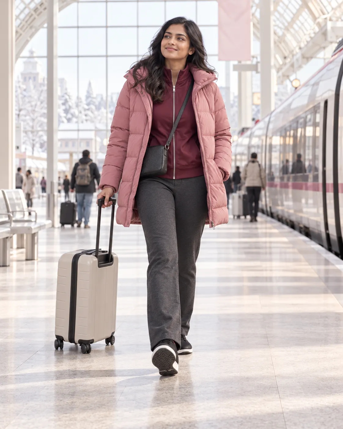muted-rose puffer, burgundy track jacket, charcoal ponte pants, black weather-ready slip-on sneakers, compact crossbody