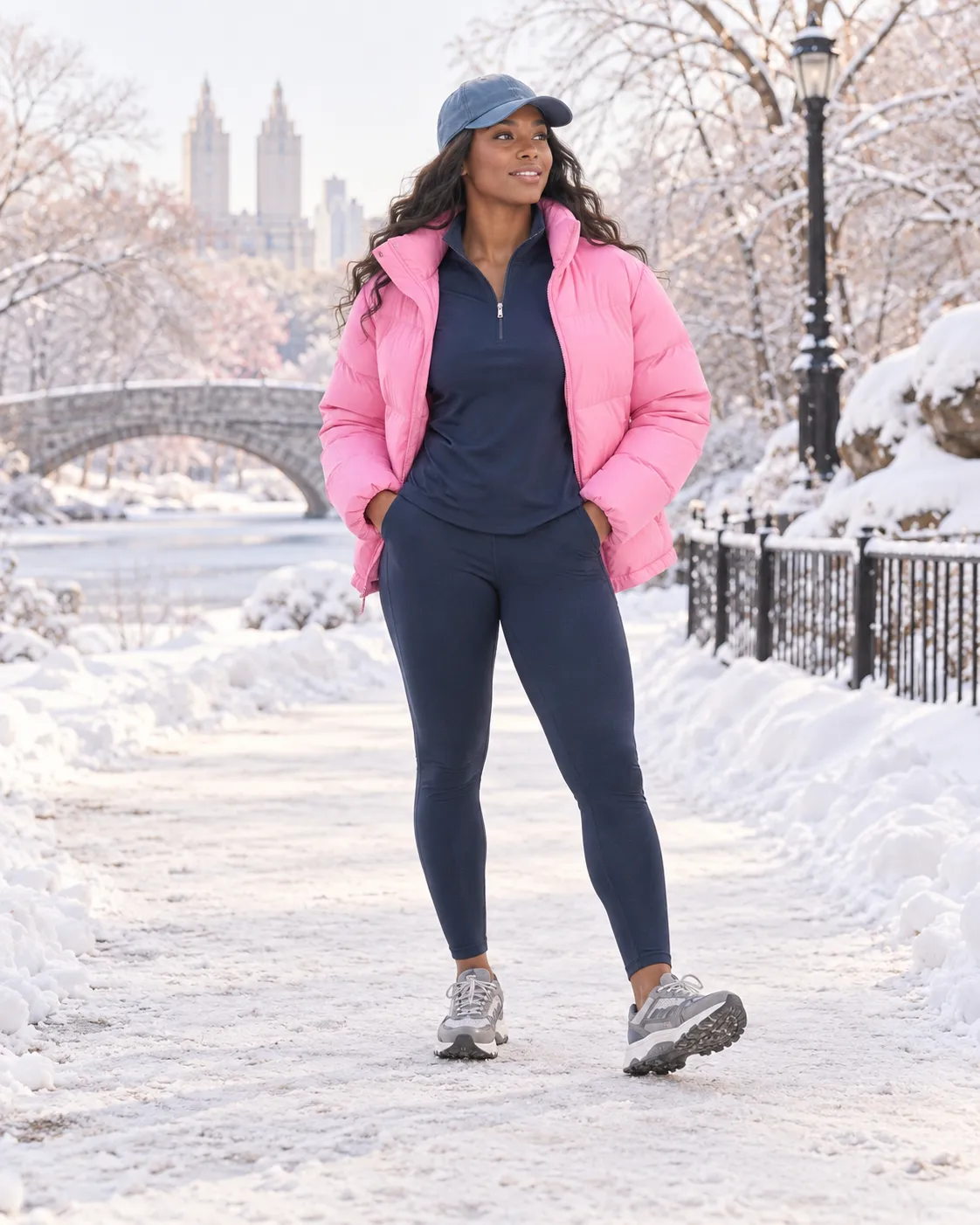 bubblegum-pink adjustable-hem puffer, navy quarter-zip, navy leggings, gray-and-white trail sneakers, slate-blue cap