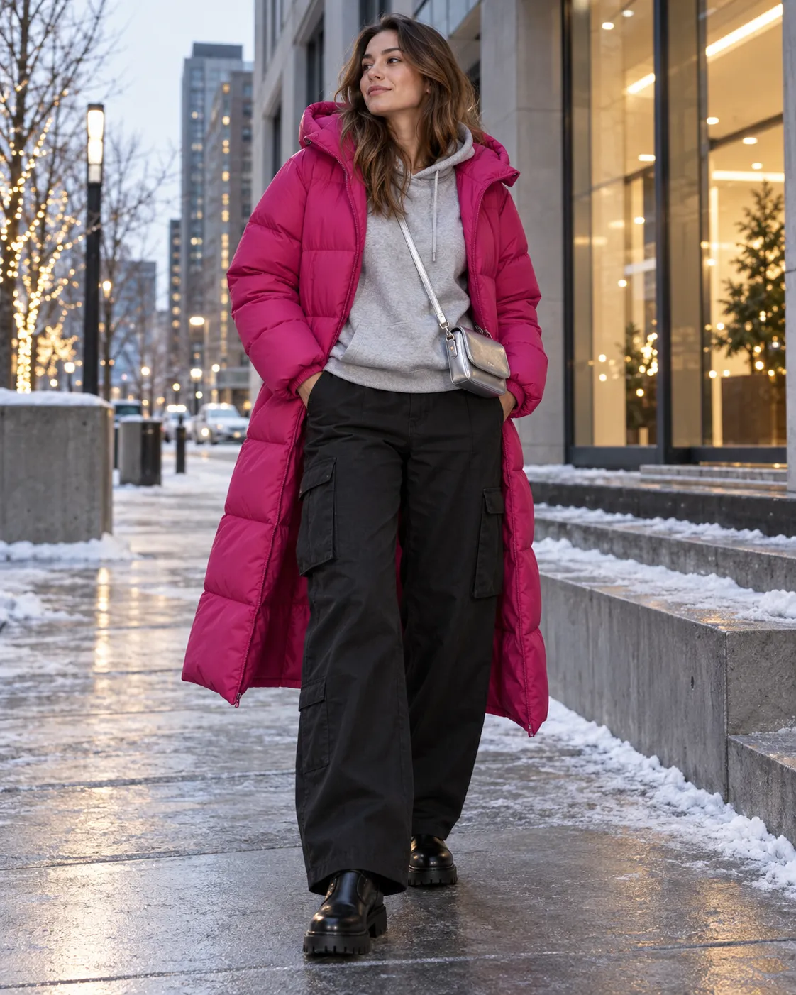 fuchsia long puffer, heather-gray hoodie, black wide cargo trousers, black lug boots, silver mini crossbody