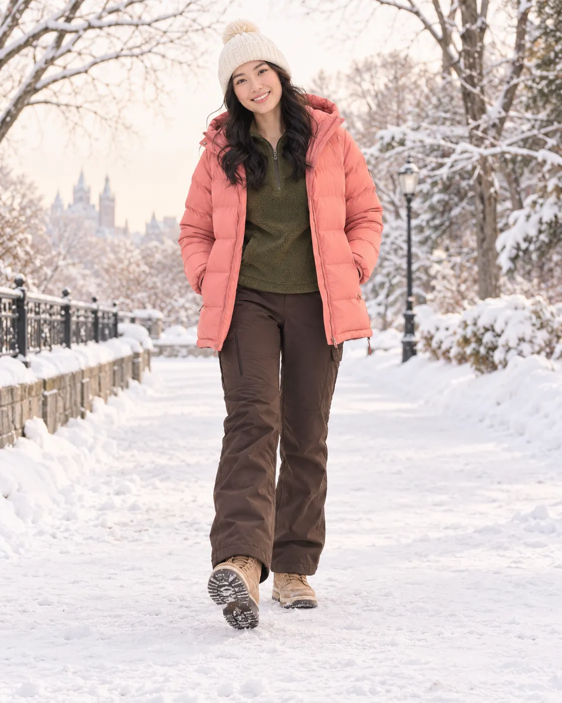 coral hooded puffer, deep-olive fleece, dark-brown snow pants, tan insulated boots, cream beanie