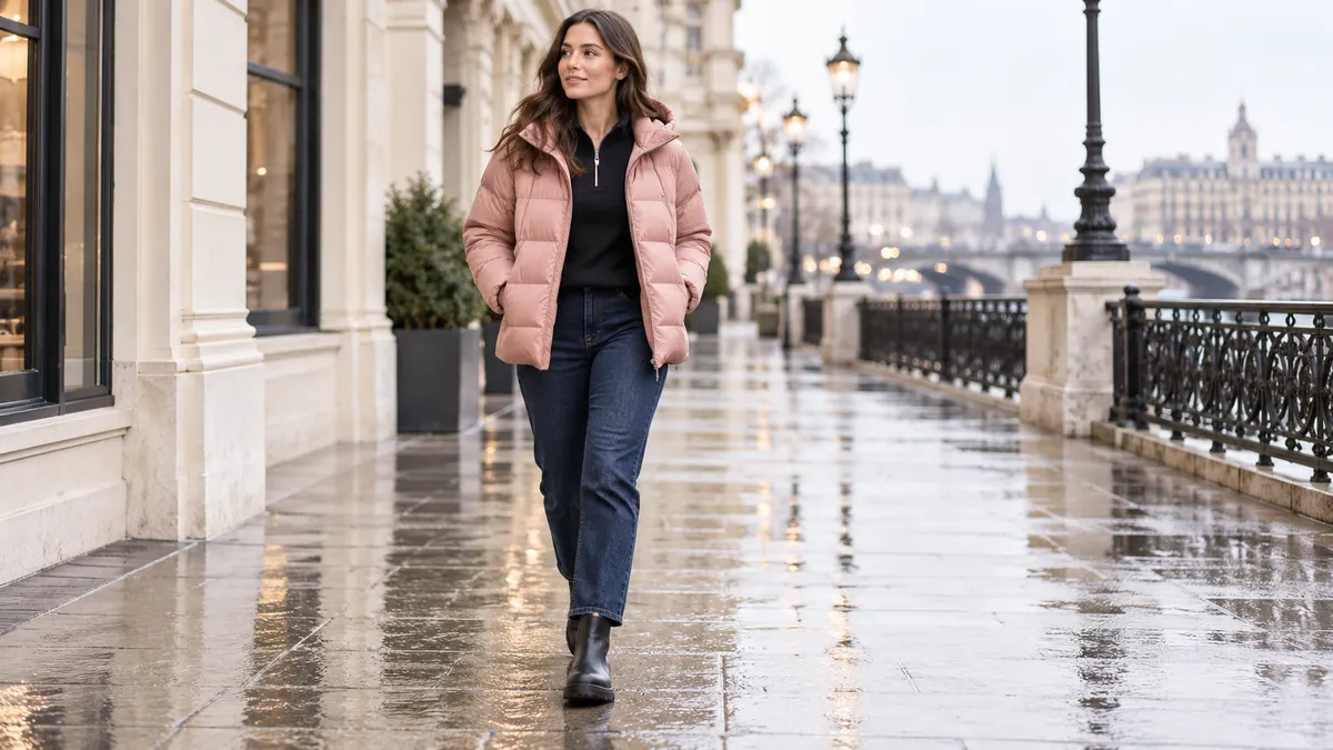 Mineral pink puffer outfit for a wet winter commute